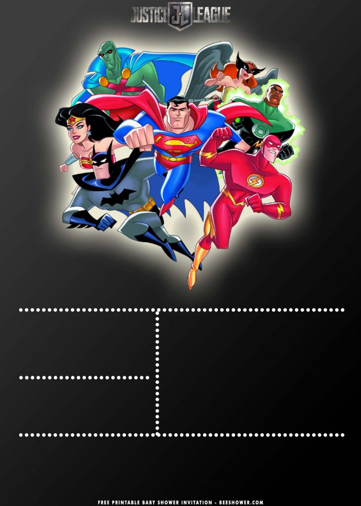 Free Printable Justice League Baby Shower Invitation Templates With Superman Figure and Portrait Design