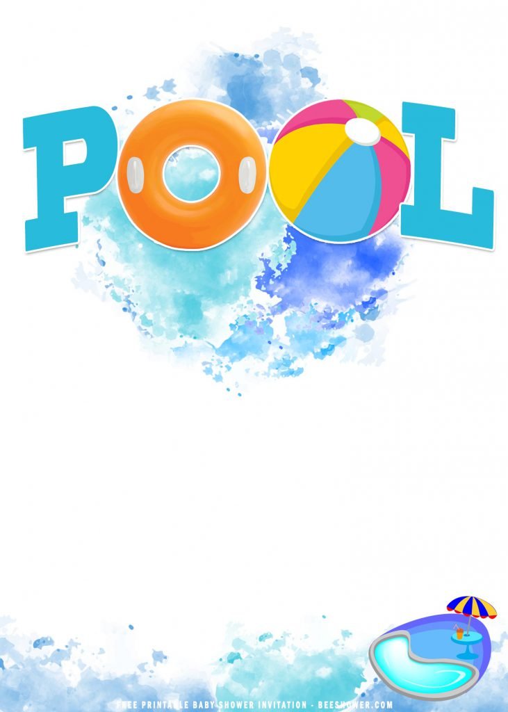 Free Printable Summer Pool Birthday Party Invitation Templates With Balloons and Splashing Water
