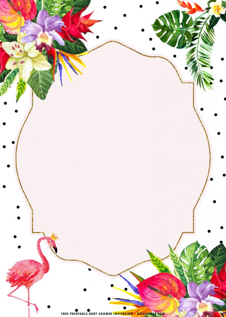 Free Printable Tropical Flamingo Birthday Invitation Templates With Aesthetic Flowers and Gold Frame Design