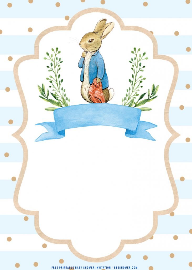 Free Printable Watercolor Peter The Rabbit Baby Shower Invitation Templates With White and Blue Stripes