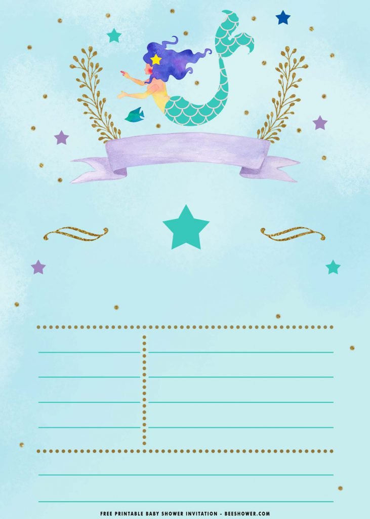 Free Printable Watercolor Mermaid Birthday Invitation Templates With Blueish Background and Portrait Orientation