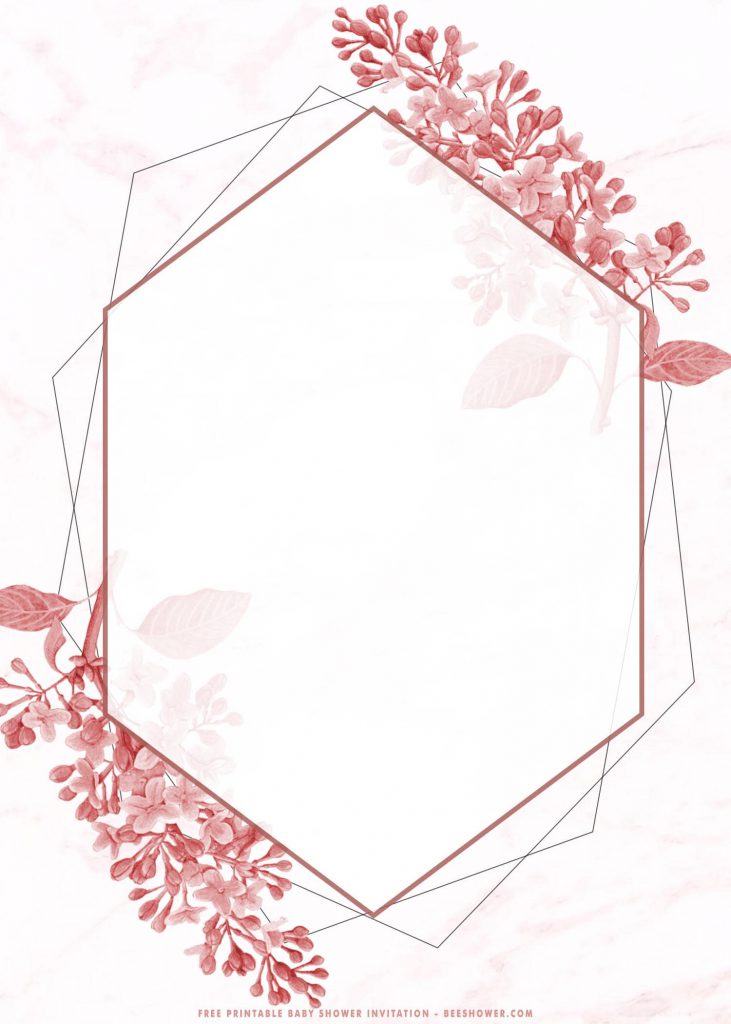 Free Printable Pink Floral Bridal Shower Invitation Templates With Geometric Frame and Lines