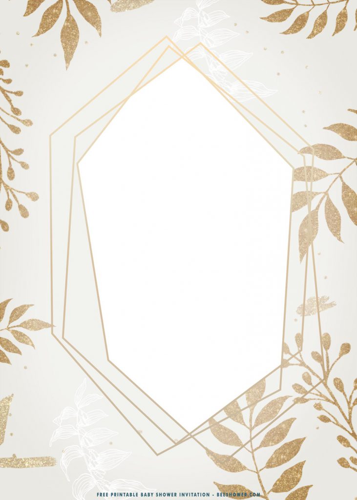 Free Printable Modern Gold Frame Birthday Invitation Templates With Polygon Frame and Gold Leaves