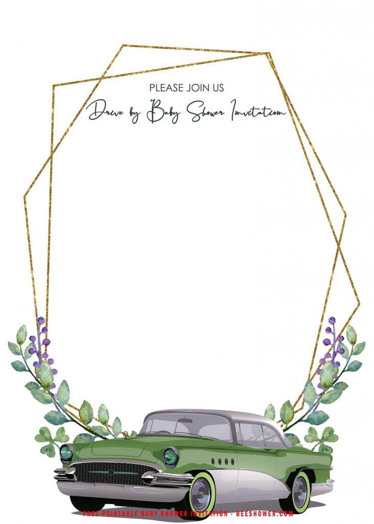 Free Printable Green Eucalyptus Drive By Party Invitation Templates With Classic Vintage Car Image