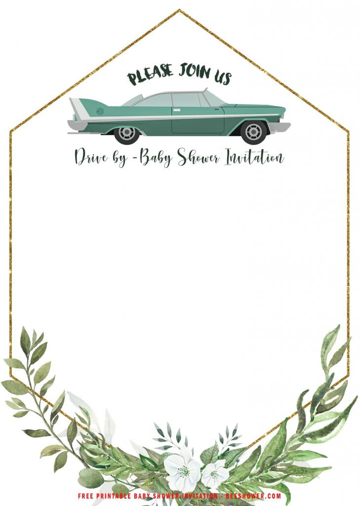 Free Printable Greenery Gold Drive By Party Invitation Templates With Hexagon Shaped Text Frame