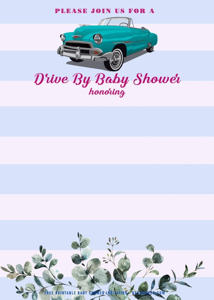 Free Printable Blue Floral Drive By Baby Shower Invitation Templates With Classic Car