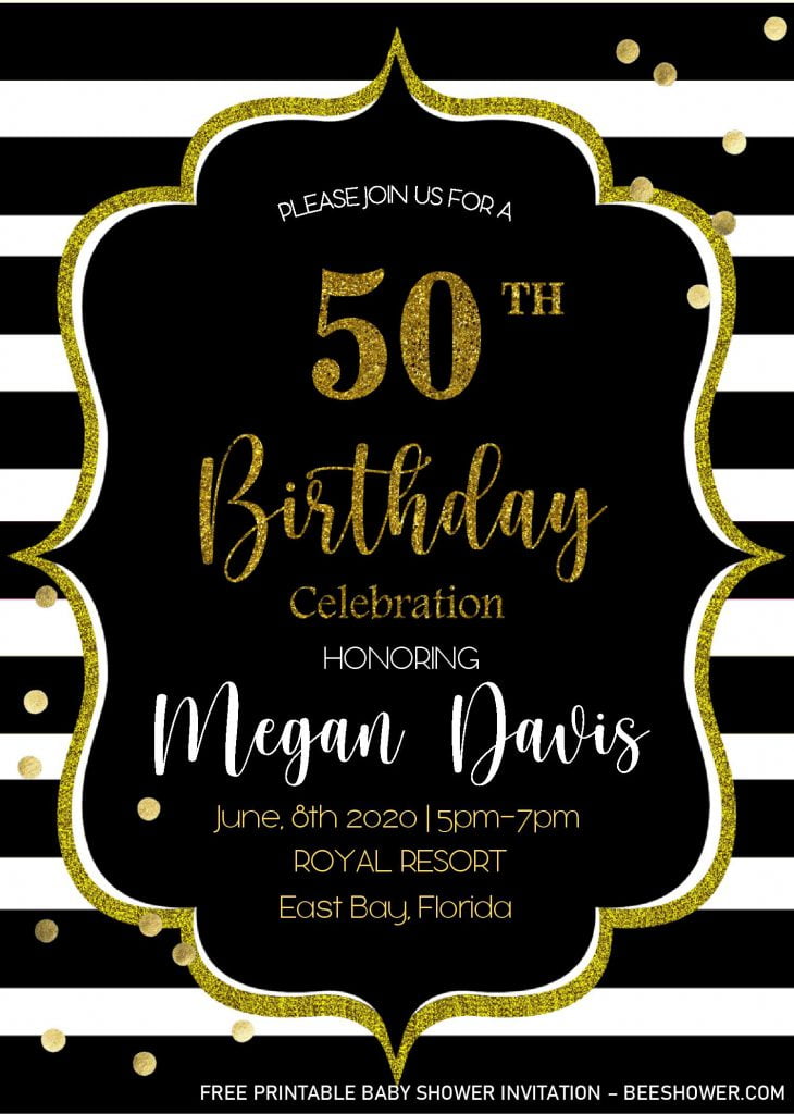Black & Gold 50th Birthday Invitation Templates - Editable With Ms Word and decorated with Gold Bracket Frame