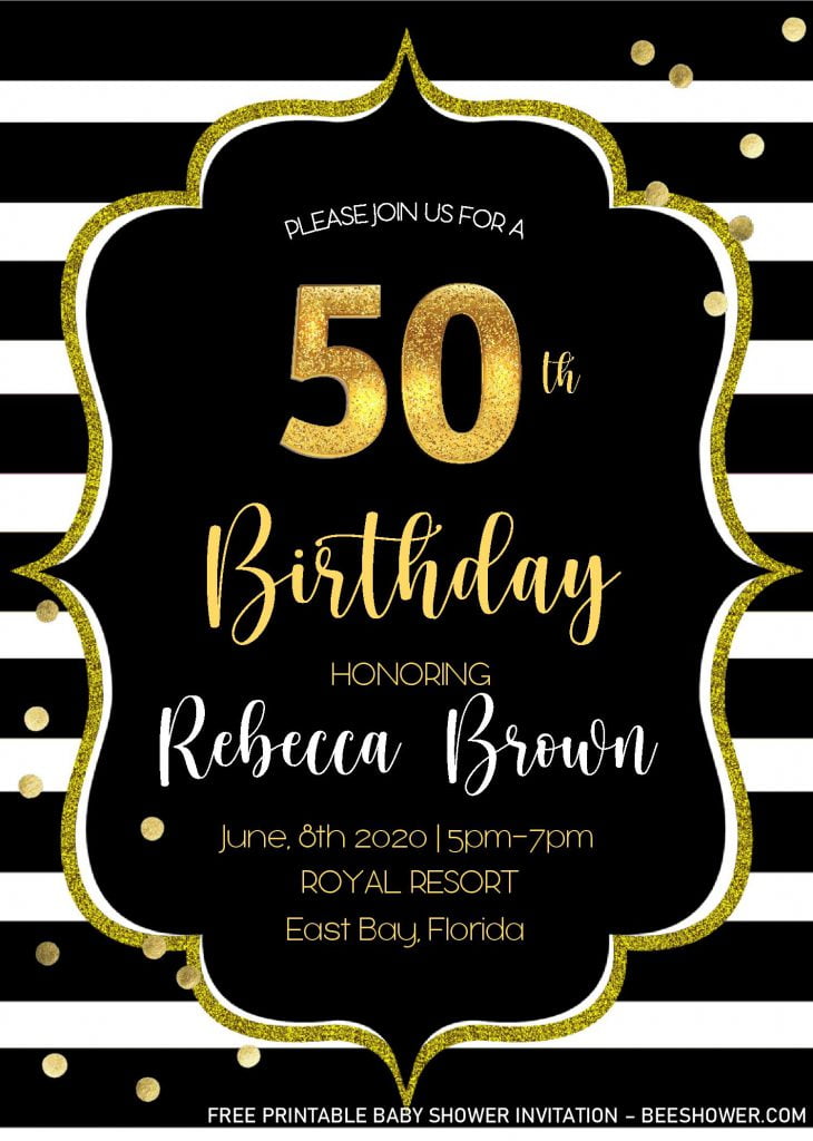 Black & Gold 50th Birthday Invitation Templates - Editable With Ms Word and decorated with Black and White Stripes