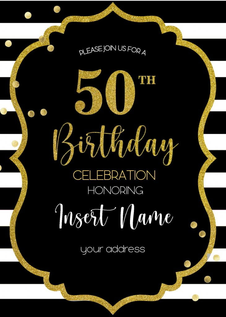 Black & Gold 50th Birthday Invitation Templates - Editable With Ms Word and decorated with Gold Glitters