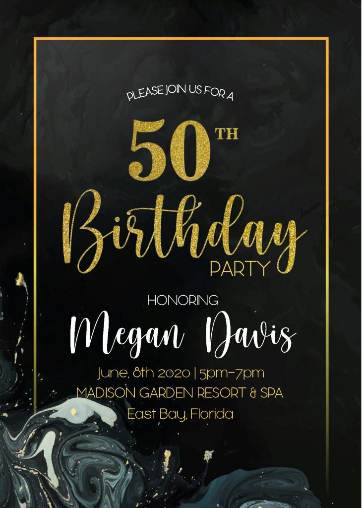 Black & Gold 50th Birthday Invitation Templates - Editable With Ms Word and decorated with Dark Paint colors