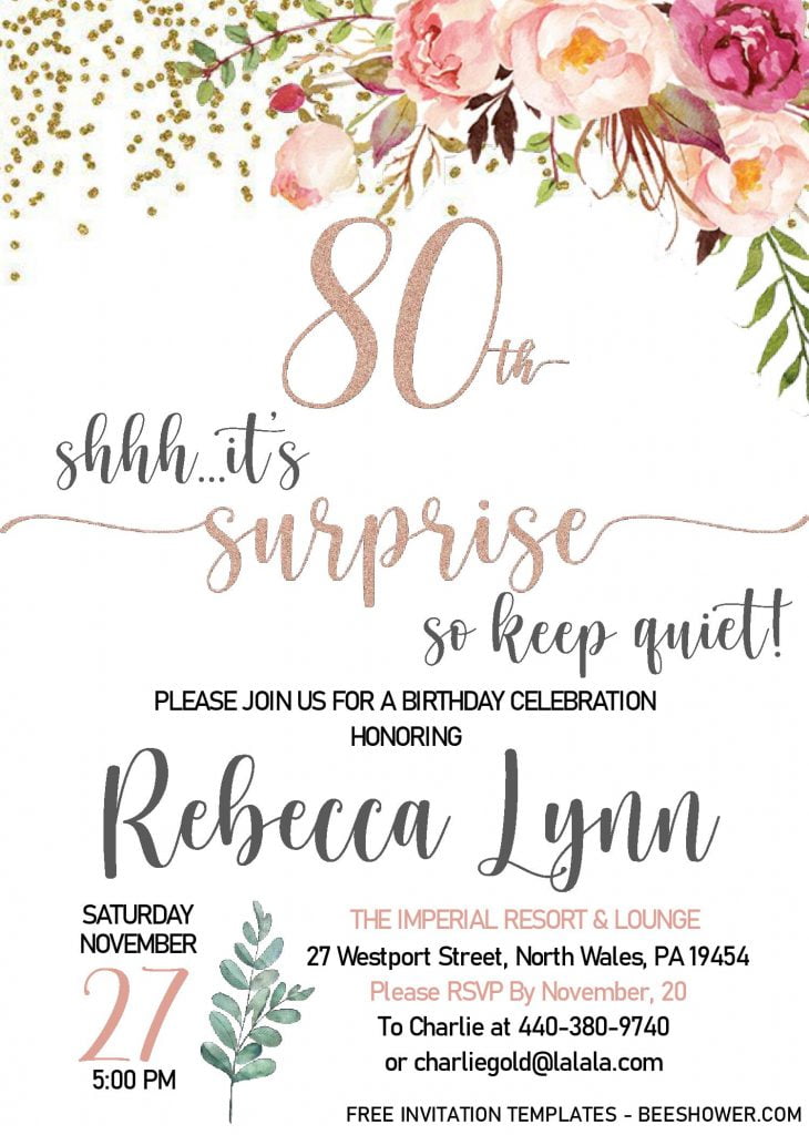 Floral 80th Birthday Invitation Templates - Editable With MS Word and decorated with Portrait Orientation Card