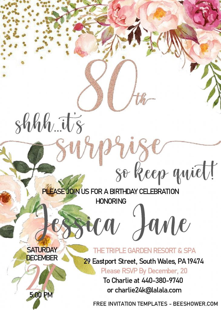 Floral 80th Birthday Invitation Templates - Editable With MS Word and decorated with Aesthetic Font Styles