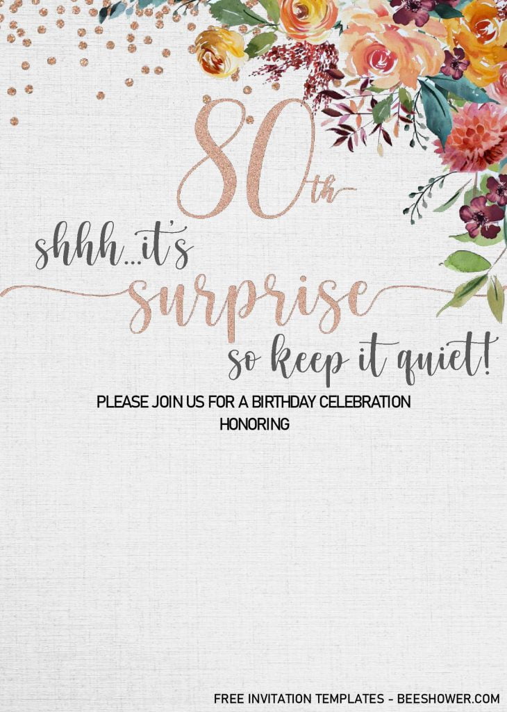 Floral 80th Birthday Invitation Templates - Editable With MS Word and decorated with Canvas Background