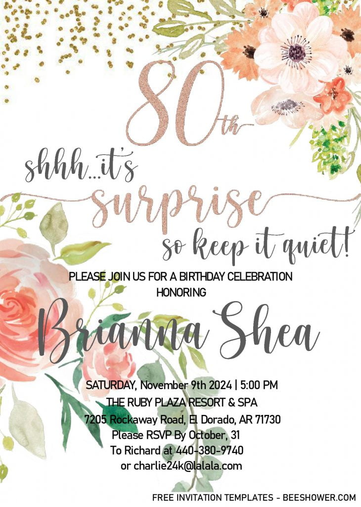 Floral 80th Birthday Invitation Templates - Editable With MS Word and decorated with Gold Glitters