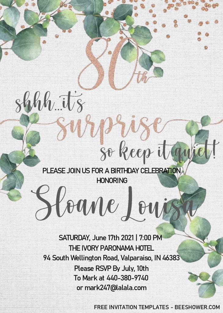 Floral 80th Birthday Invitation Templates - Editable With MS Word and decorated with Gorgeous Eucalyptus Leaves