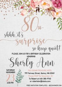 Floral 80th Birthday Invitation Templates - Editable With MS Word and decorated with Watercolor Floral