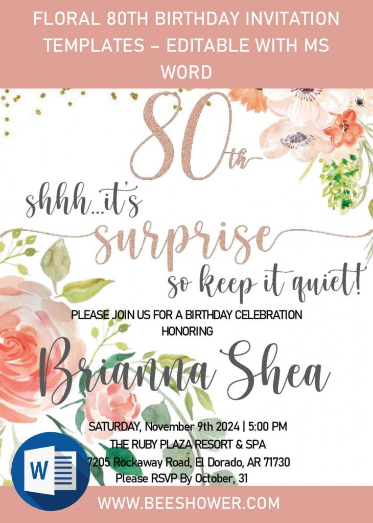 Floral 80th Birthday Invitation Templates – Editable With MS Word