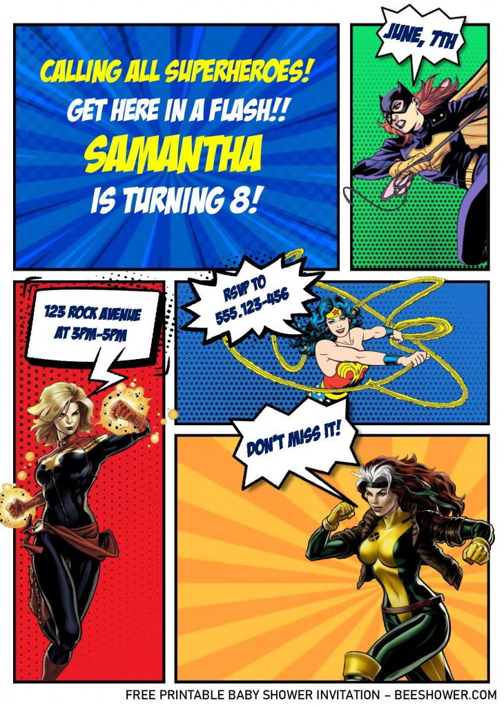 Superhero Comic Invitation Templates - Editable With Ms Word and decorated with Batgirl and Wonderwoman