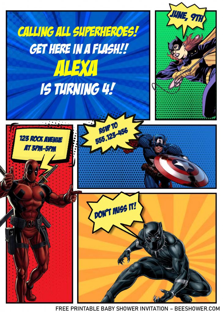 Superhero Comic Invitation Templates - Editable With Ms Word and decorated with Marvel Avengers Heroes