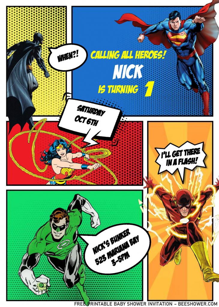 Superhero Comic Invitation Templates - Editable With Ms Word and decorated with Justice League Heroes