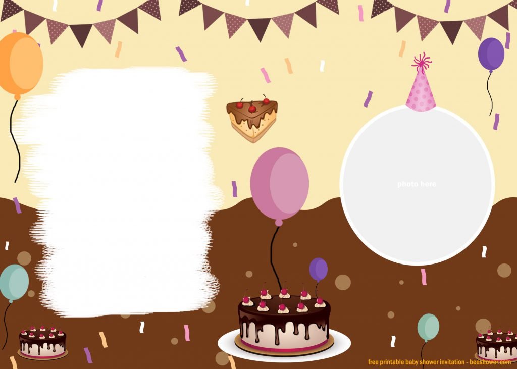 Yummy Cake First Birthday Invitation Templates With Photo Frame and Birthday Hats