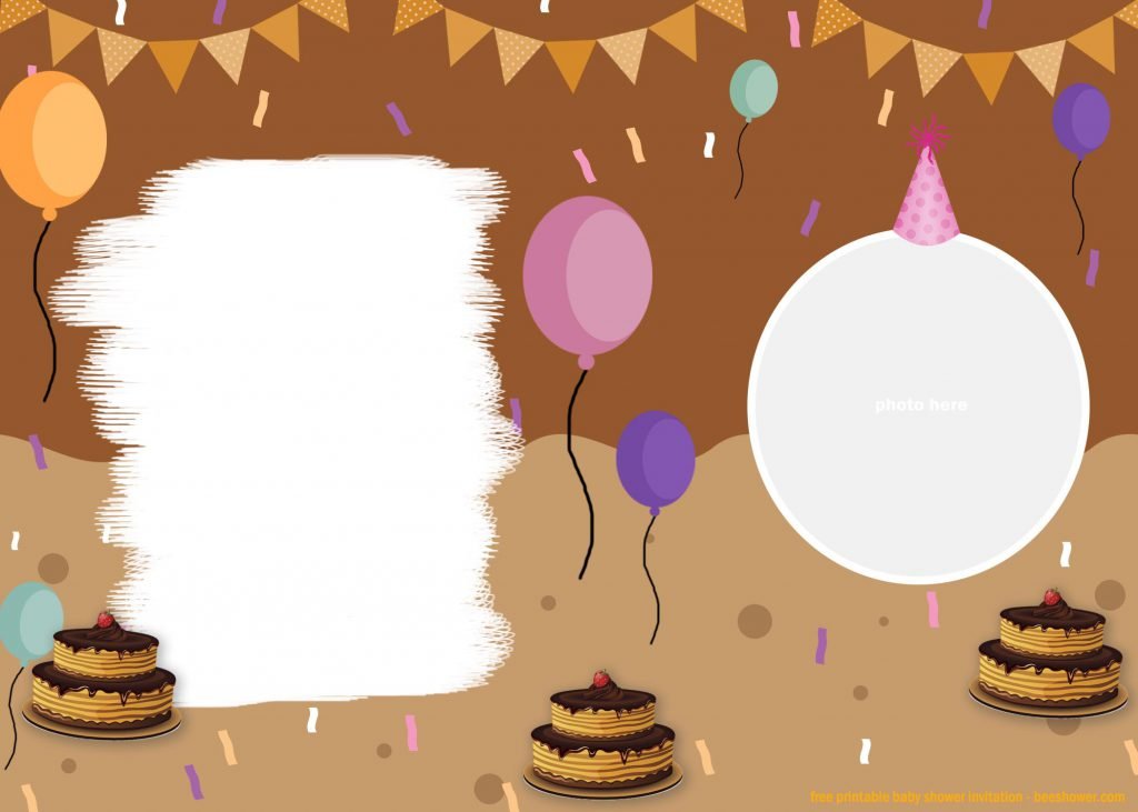Yummy Cake First Birthday Invitation Templates With Photo Frame and Chocolate Cake