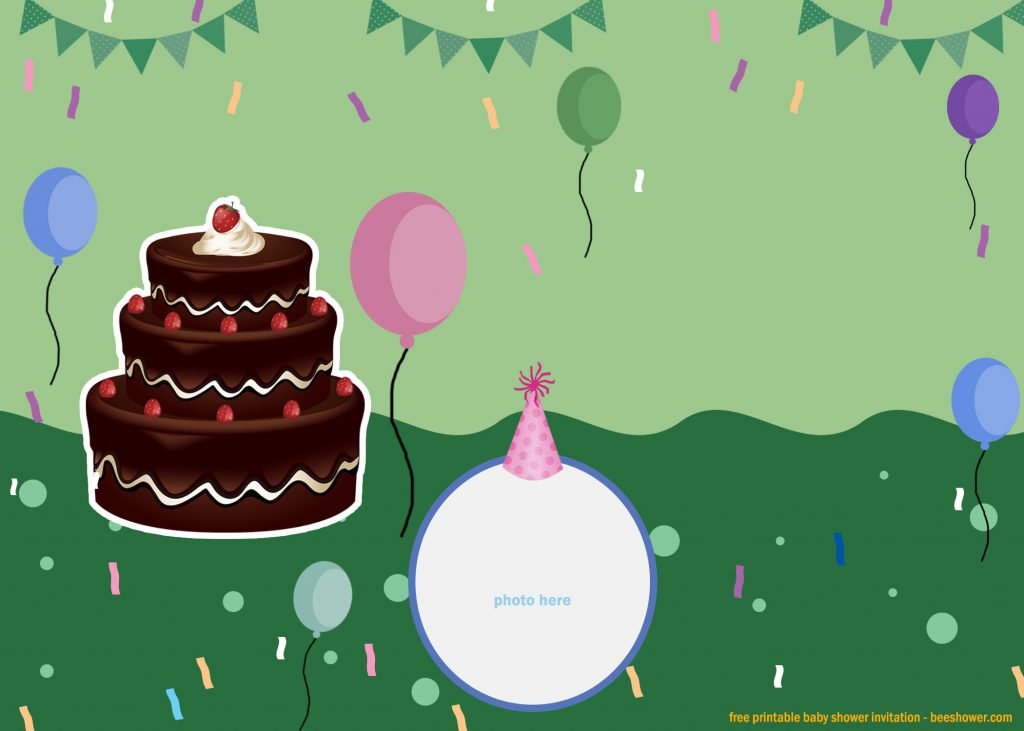 Yummy Cake First Birthday Invitation Templates With Photo Frame and Balloons
