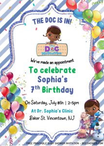 Doc Mcstuffins Birthday Invitation Templates - Editable With Ms Word and decorated with Cute Fonts
