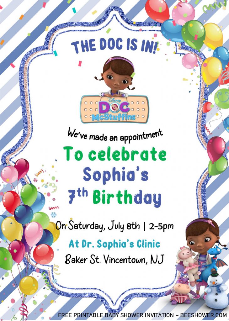 Doc Mcstuffins Birthday Invitation Templates - Editable With Ms Word and decorated with Cute Fonts