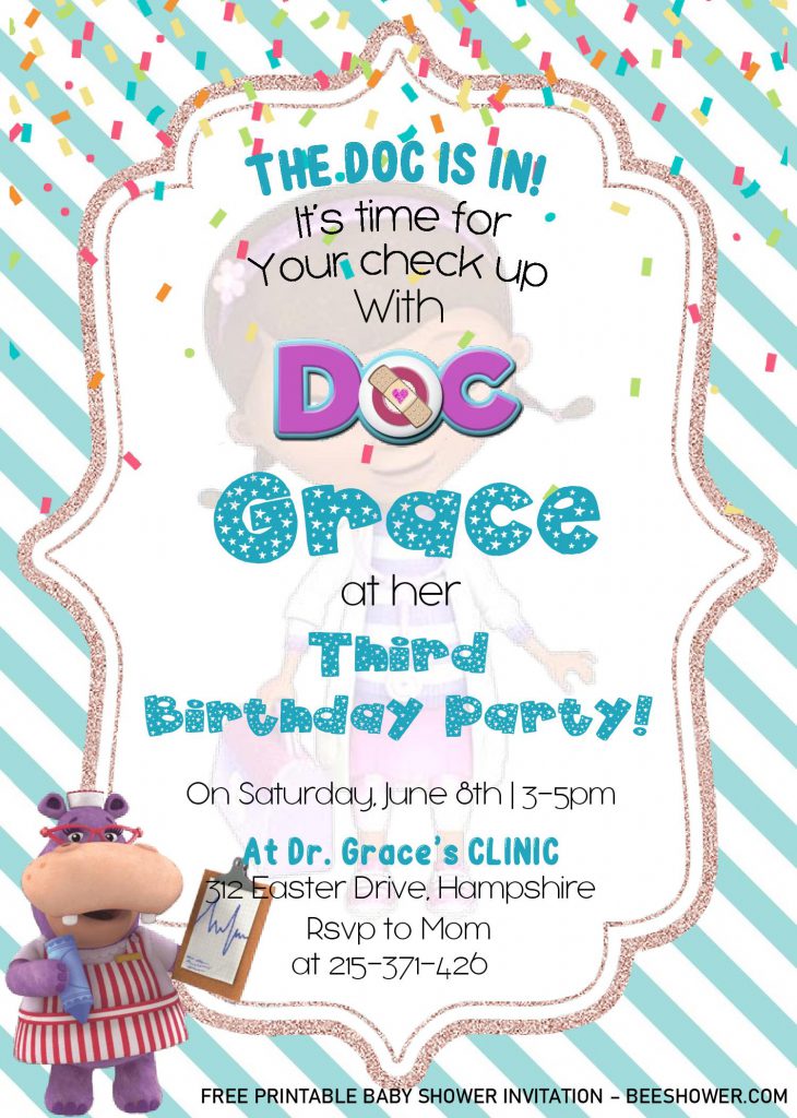 Doc Mcstuffins Birthday Invitation Templates - Editable With Ms Word and decorated with Hallie
