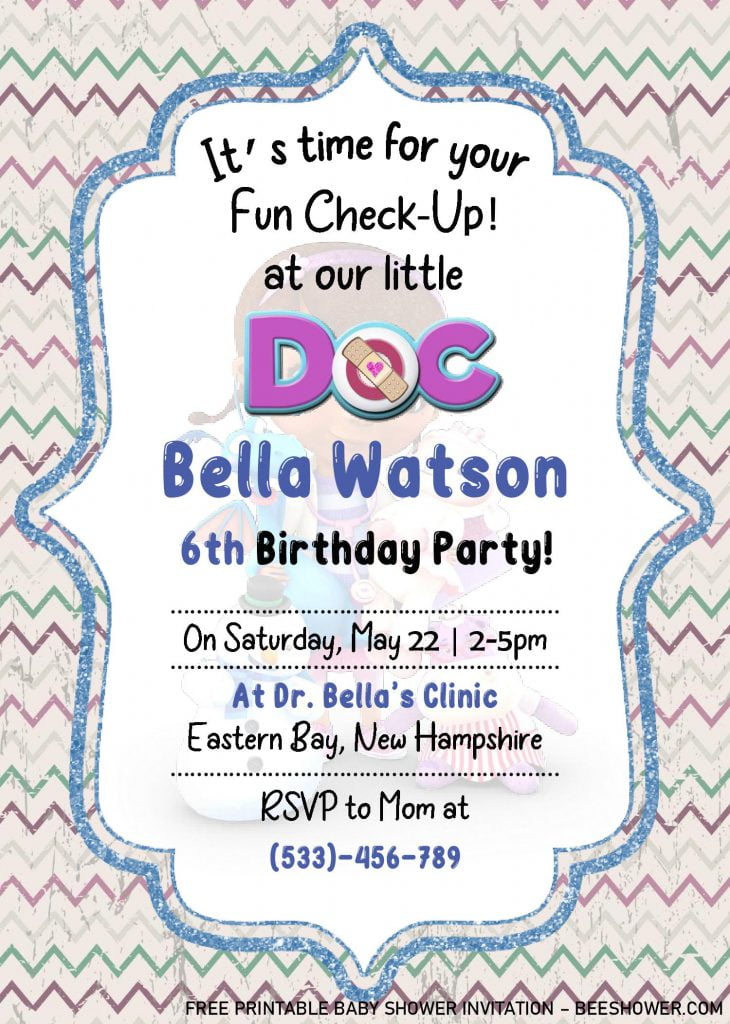 Doc Mcstuffins Birthday Invitation Templates - Editable With Ms Word and decorated with Cute Bracket Frame