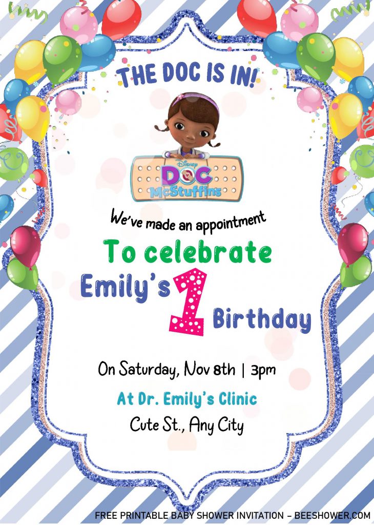 Doc Mcstuffins Birthday Invitation Templates - Editable With Ms Word and decorated with Balloons and Confetti