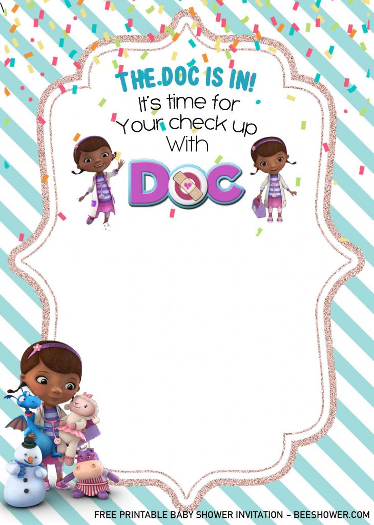 Doc Mcstuffins Birthday Invitation Templates - Editable With Ms Word and decorated with Pink Diagonal Stripes