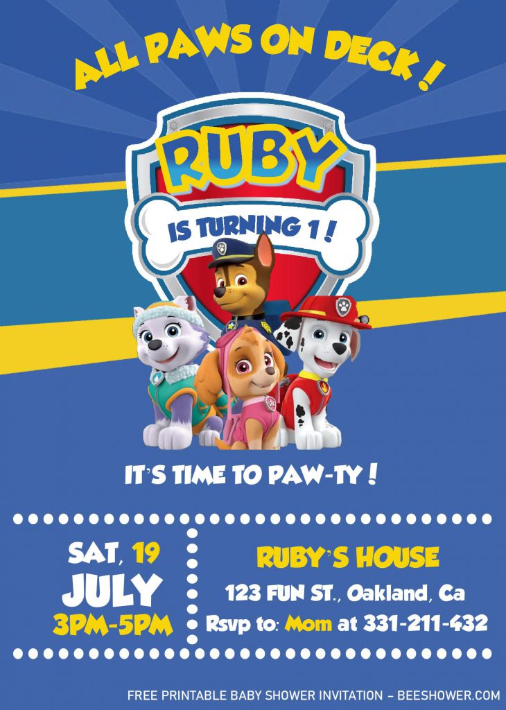 Paw Patrol Invitation Templates - Editable With MS Word and decorated wit Blue Background