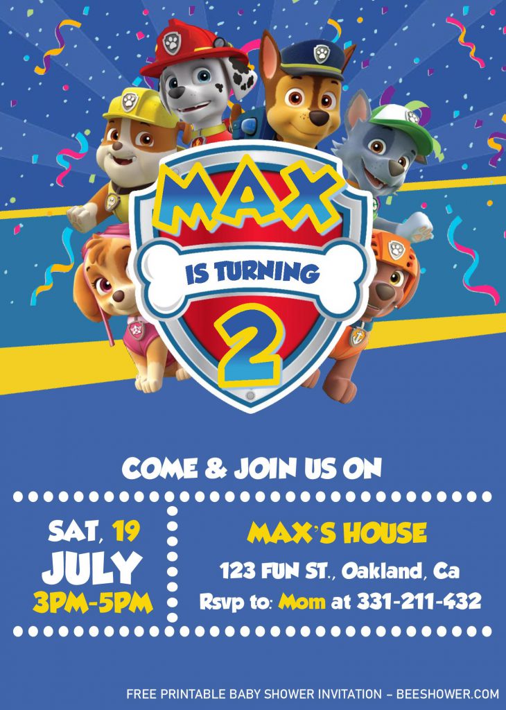 Paw Patrol Invitation Templates - Editable With MS Word and has cute Font styles and Wordings