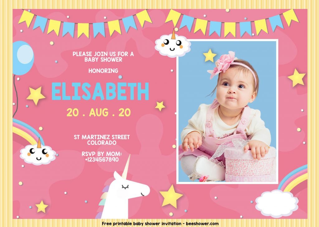 Rainbow Unicorn Invitation Templates With Photo Frame and Colorful Bunting Flags