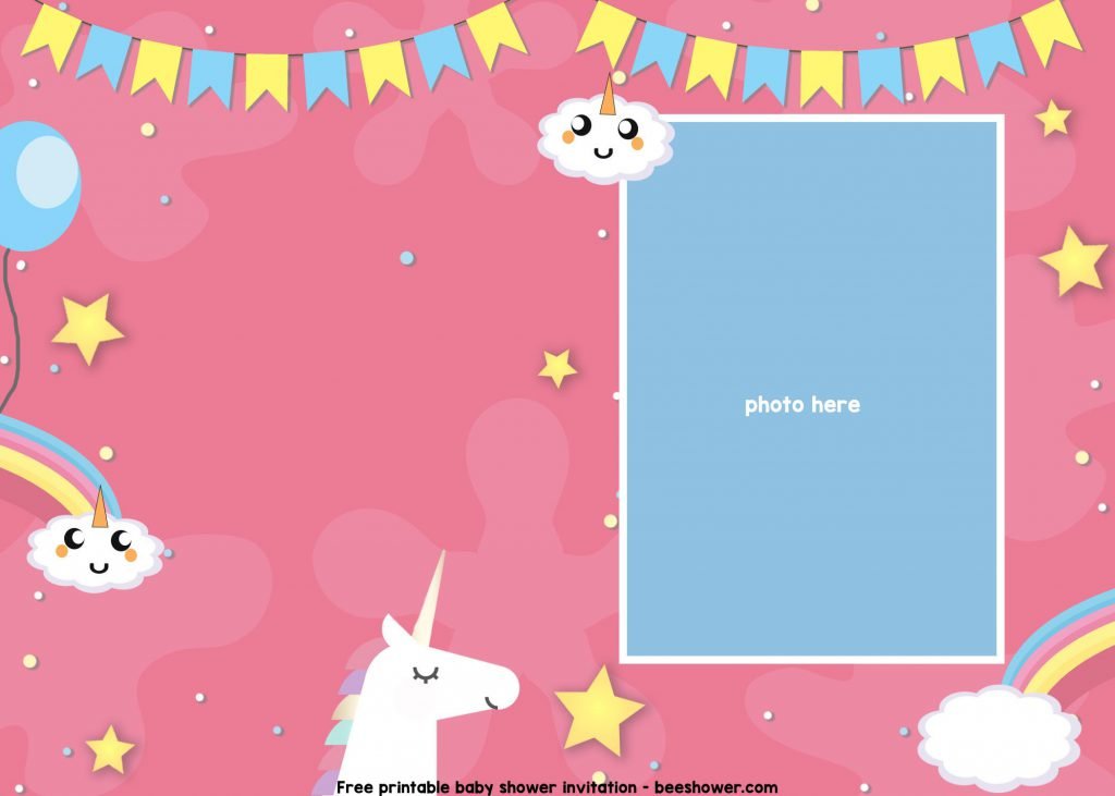 Rainbow Unicorn Invitation Templates With Photo Frame and Fluffy Clouds