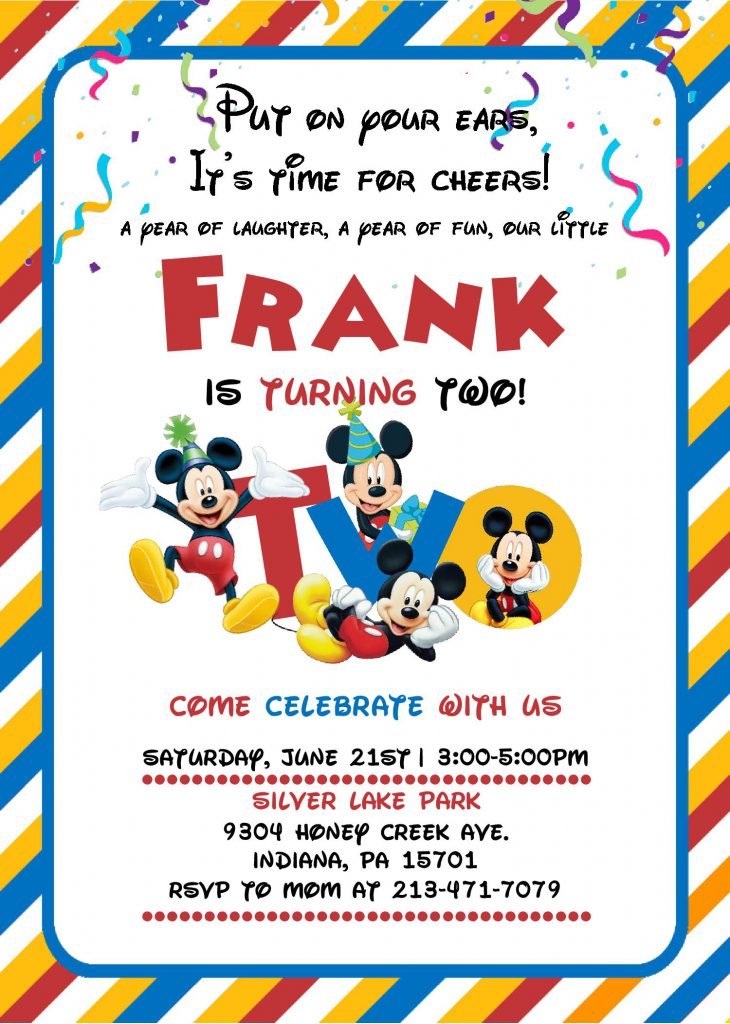 Cute Mickey Mouse Invitation Templates - Editable With MS Word and has confetti decorations
