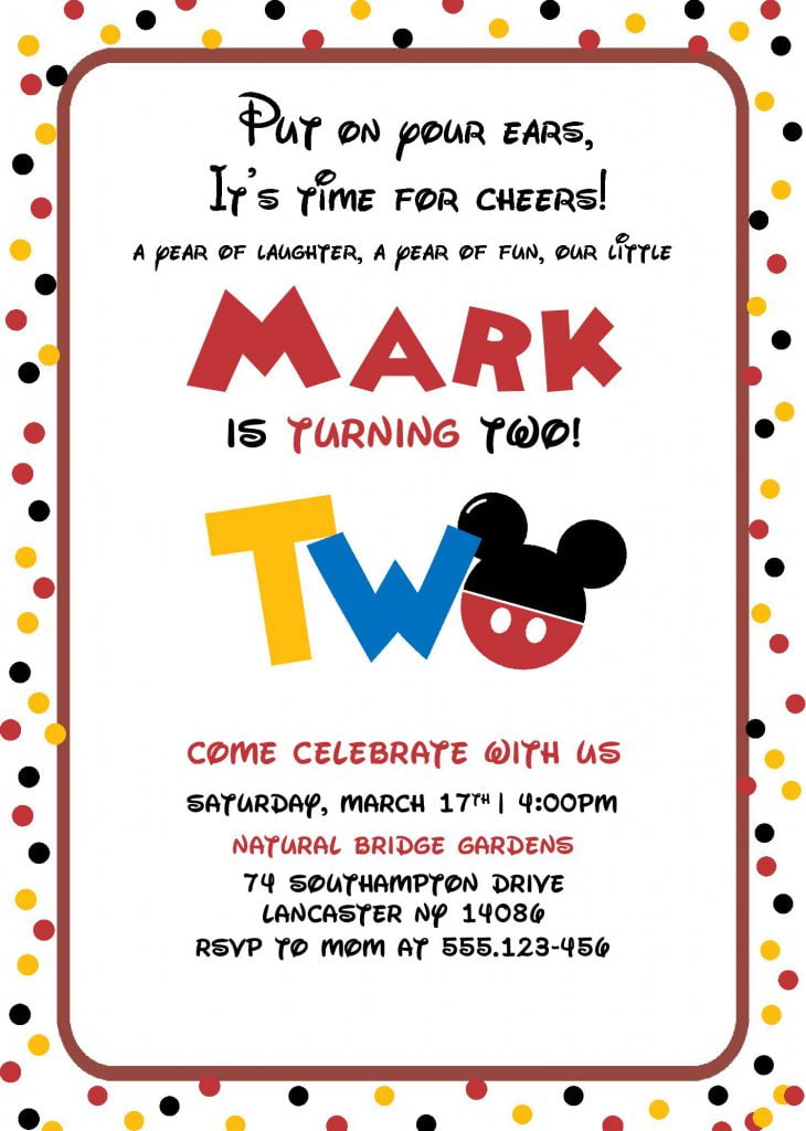 Cute Mickey Mouse Invitation Templates - Editable With MS Word and has polka dots background