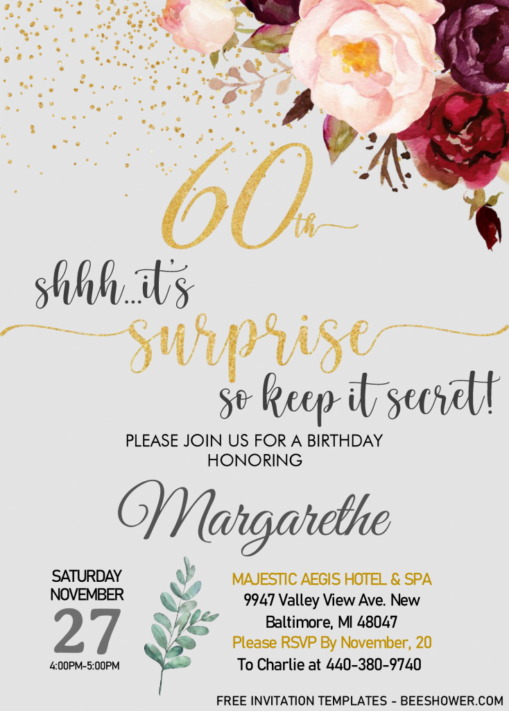 Floral 60th Birthday Invitation Templates - Editable With MS Word and has 