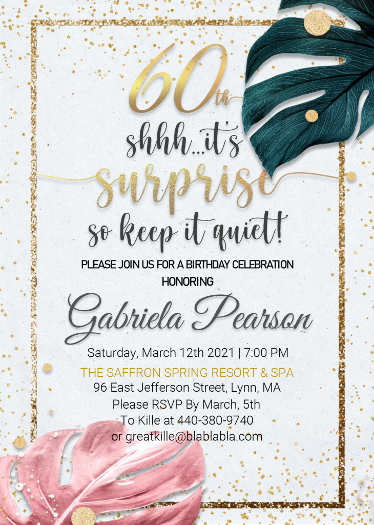Floral 60th Birthday Invitation Templates - Editable With MS Word and has gold frame