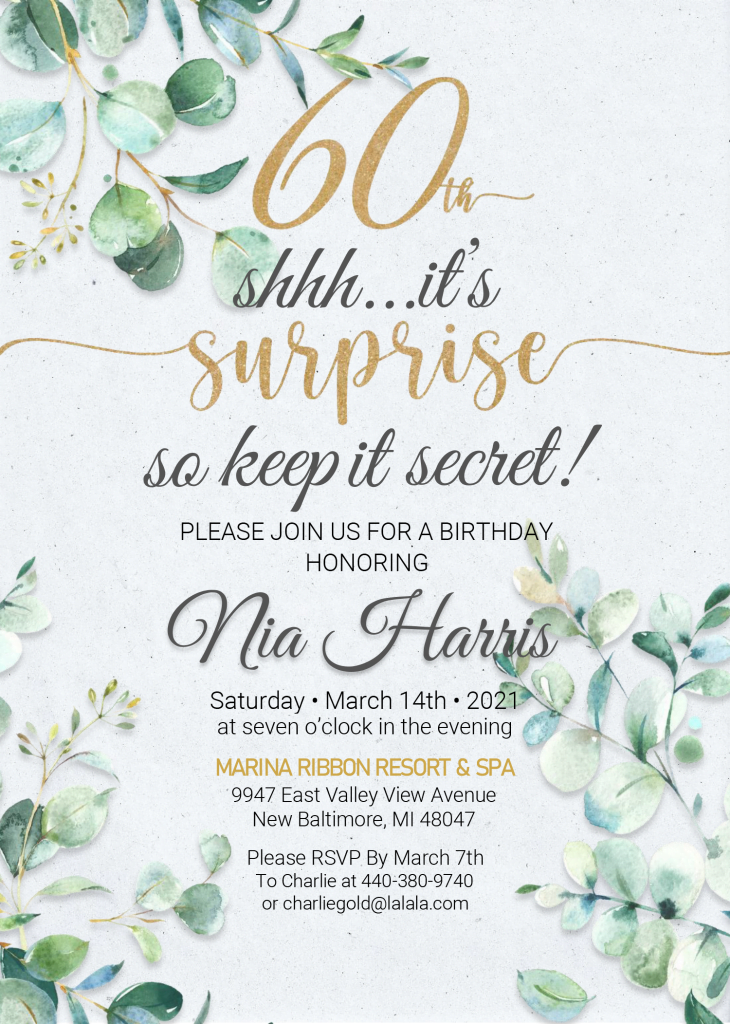 Floral 60th Birthday Invitation Templates - Editable With MS Word and has eucalyptus flowers