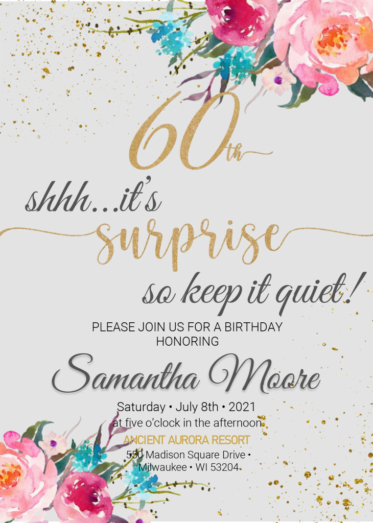Floral 60th Birthday Invitation Templates - Editable With MS Word and has canvas style background
