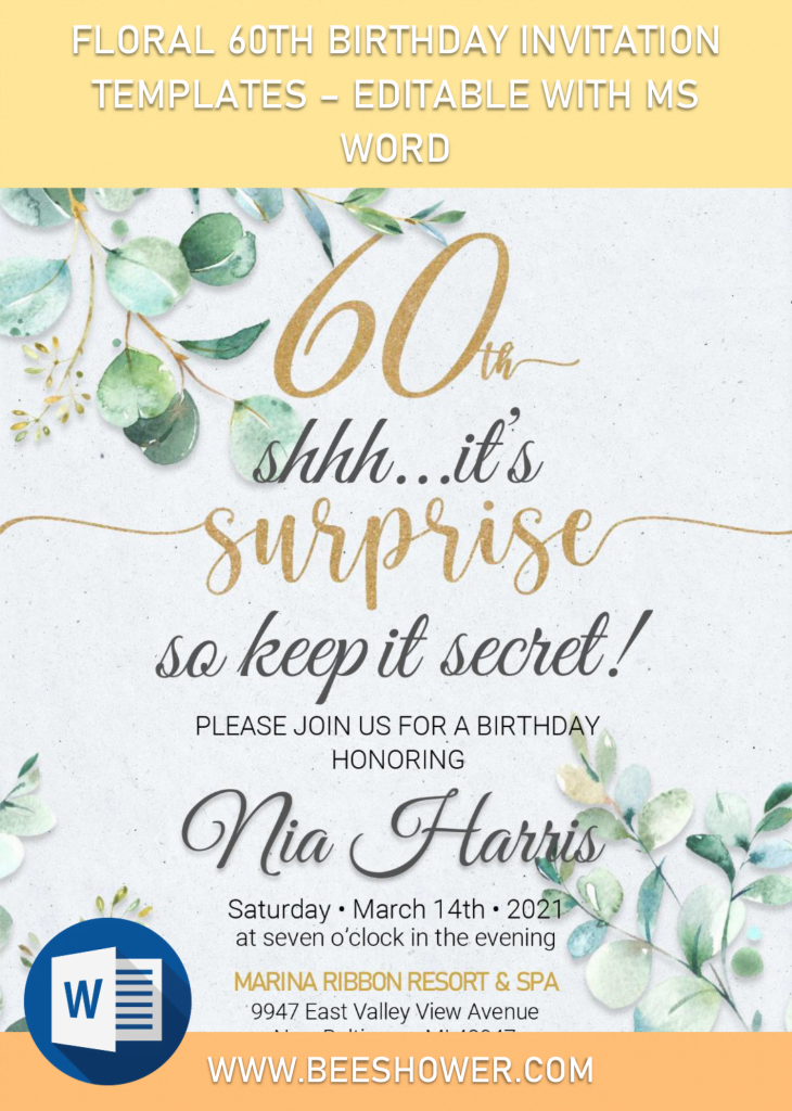 Floral 60th Birthday Invitation Templates - Editable With MS Word and has portrait orientation
