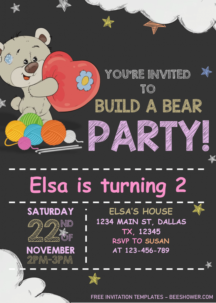 Build A Bear Birthday Invitation Templates - Editable .Docx and has adorable font styles