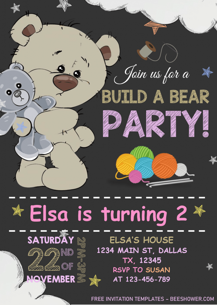 Build A Bear Birthday Invitation Templates - Editable .Docx and has cute teddy bear