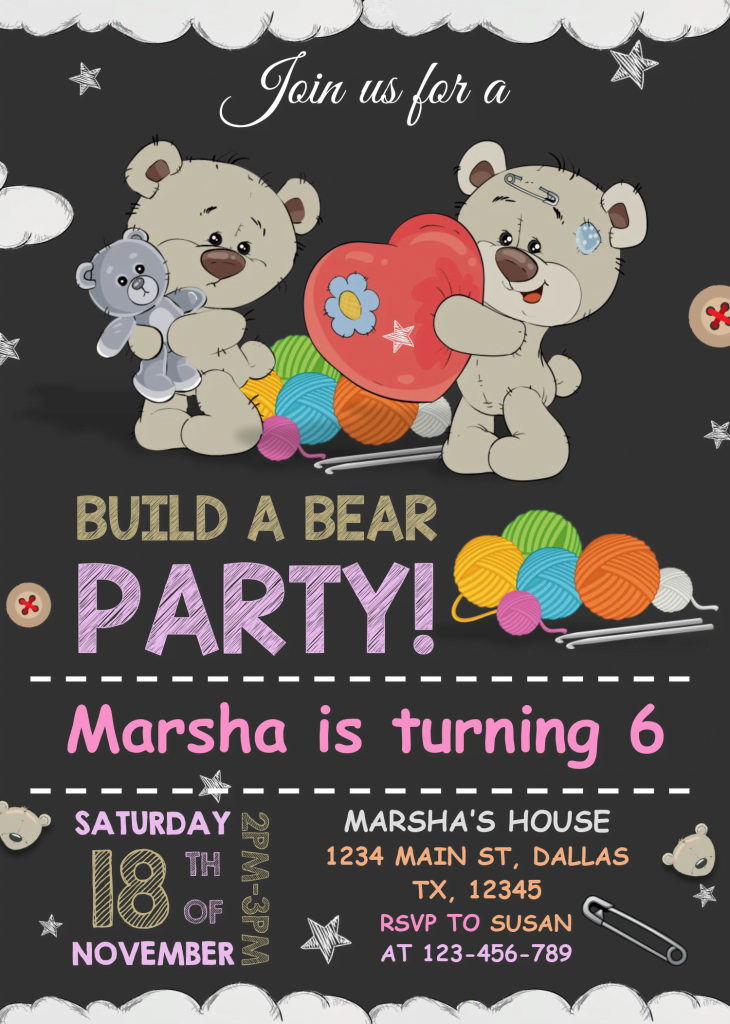 Build A Bear Birthday Invitation Templates - Editable .Docx and has portrait orientation