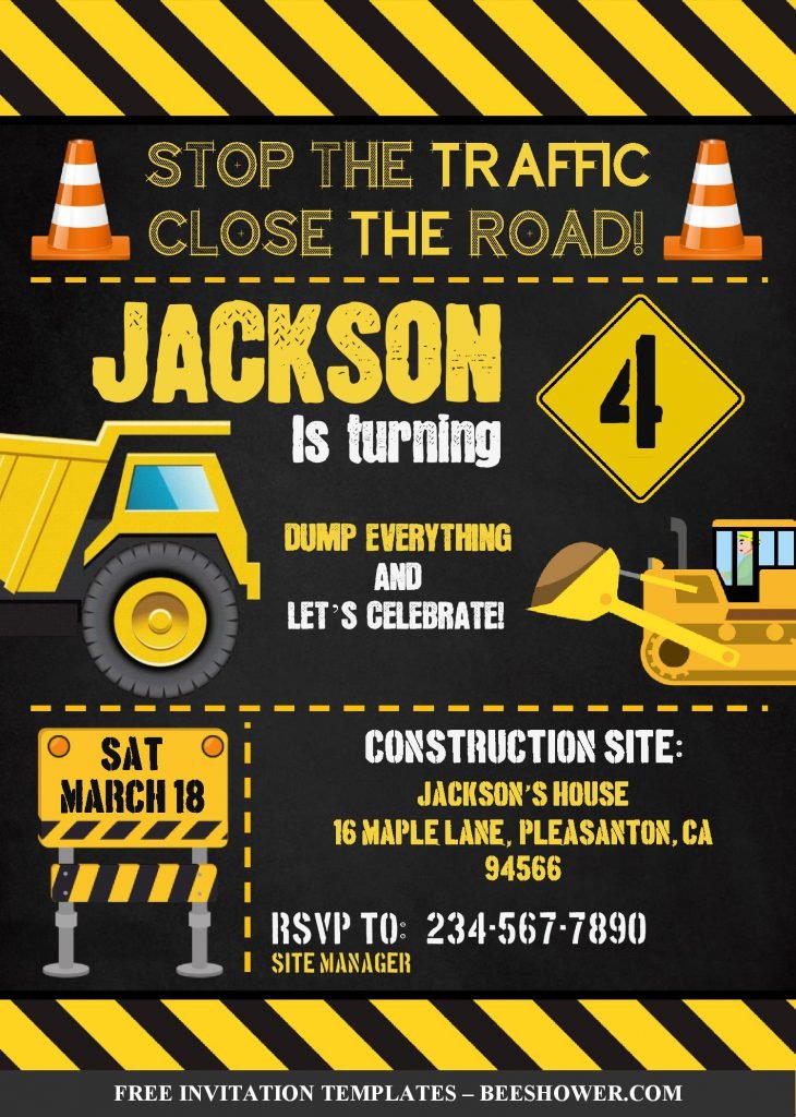 Construction Birthday Invitation Templates - Editable With MS Word and has dump truck and back hoe tractor graphics
