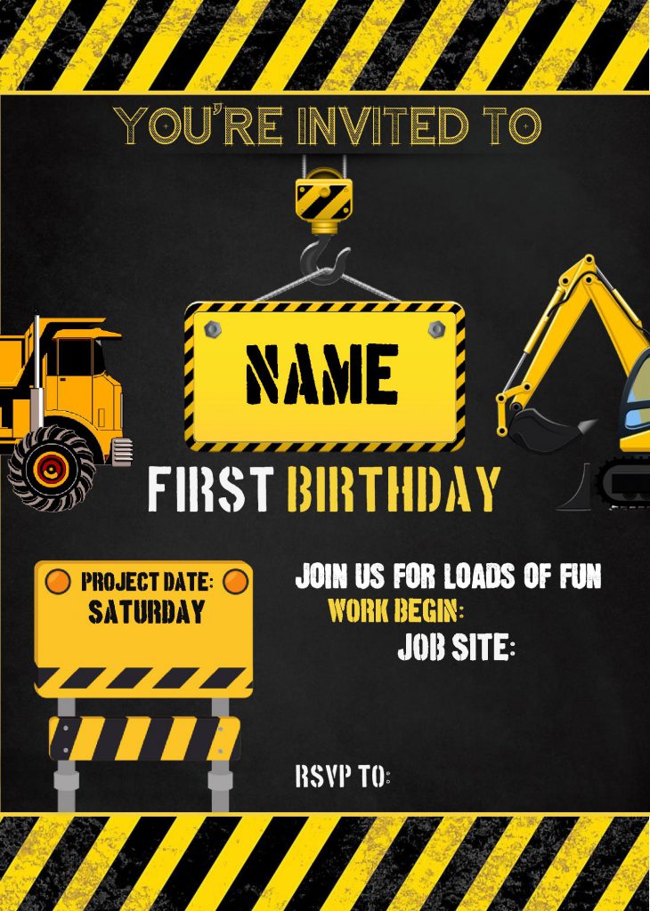 Construction Birthday Invitation Templates - Editable With MS Word and has black and yellow stripes
