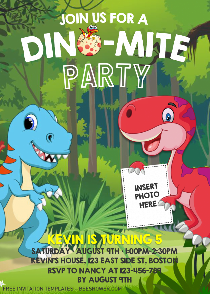 Dinosaur Invitation Templates - Editable .Docx and has cute t-rex